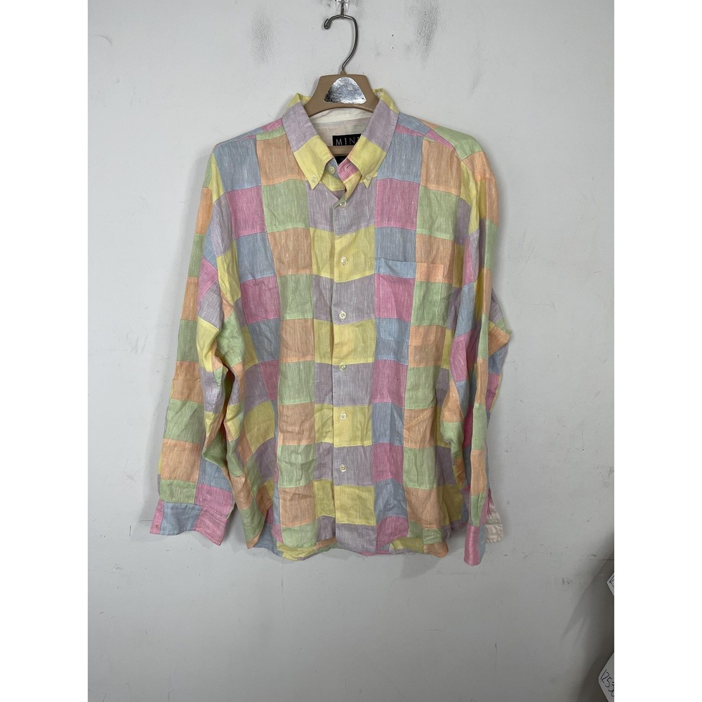 MINE Shirt Mens XL Pastel Patchwork 100% Linen Preppy Button Up Old Money Beach